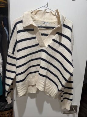 Madewell Cream & Navy Striped Collared V-Neck Pullover
